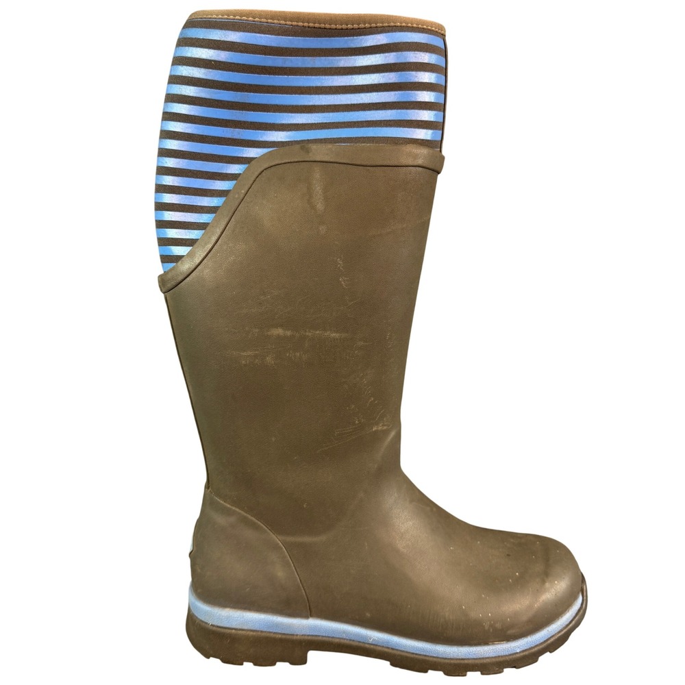 Muck Boot Company Brown Blue Striped Tall Rain Boots Rubber Neoprene W7